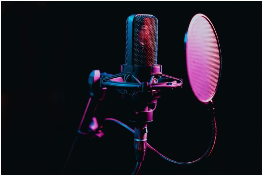 Close-up image of a condenser microphone with a po