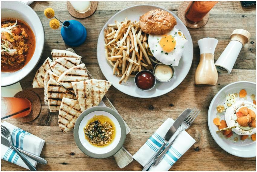 A vibrant top-view of a delicious brunch spread in