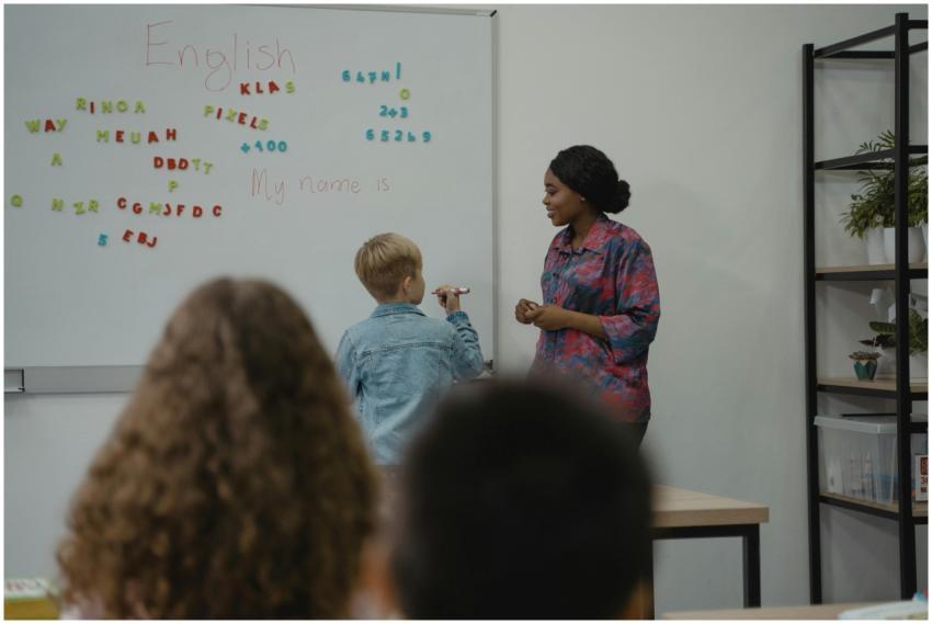 A teacher engages students in an interactive Engli