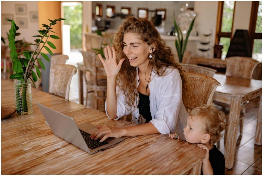 A mother and child enjoy a video call together at