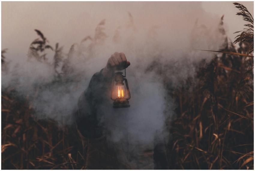 A person holding an antique lantern amidst smoke a