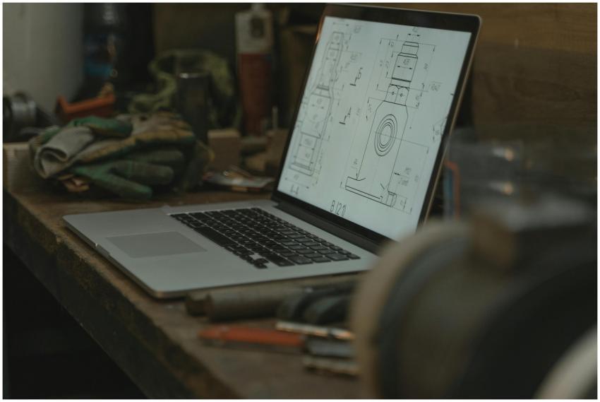 Laptop showing a technical drawing, surrounded by