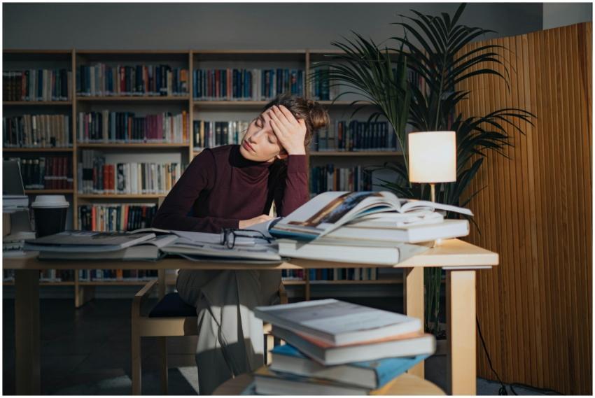 A tired woman surrounded by books, studying in a l