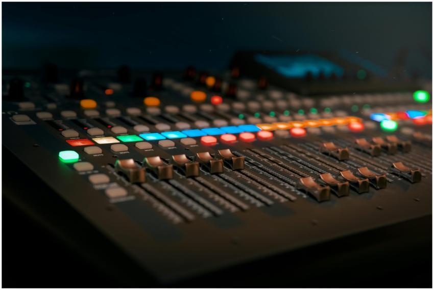 Close-up of a professional sound mixer with colorf