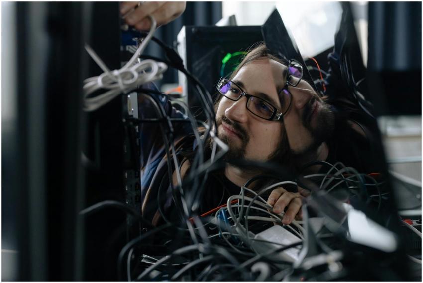 A skilled IT technician organizing tangled cables