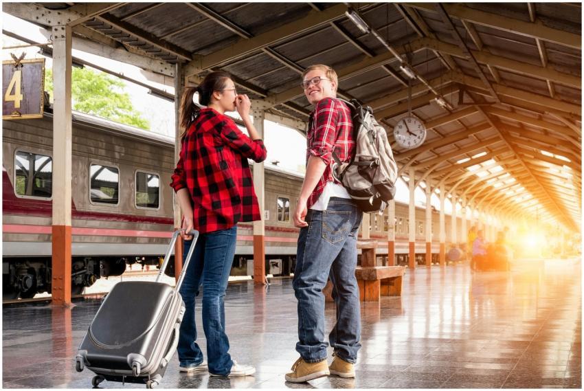 Young couple in a railway station, ready for trave