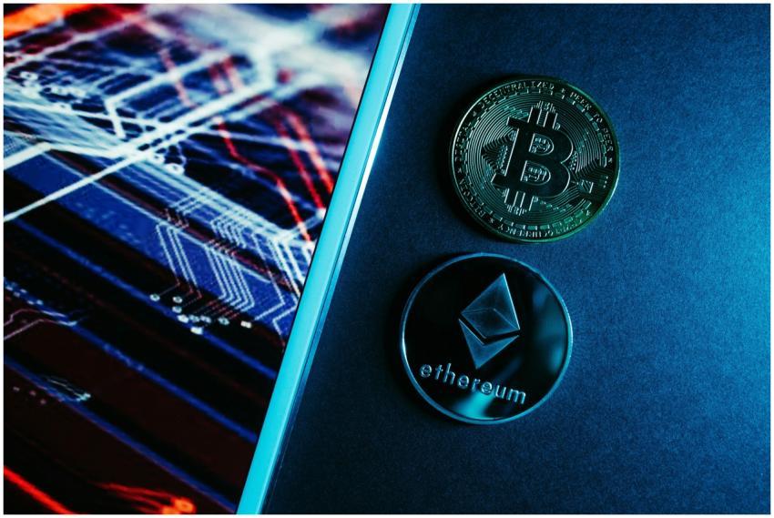 Bitcoin and Ethereum coins on a digital circuitry