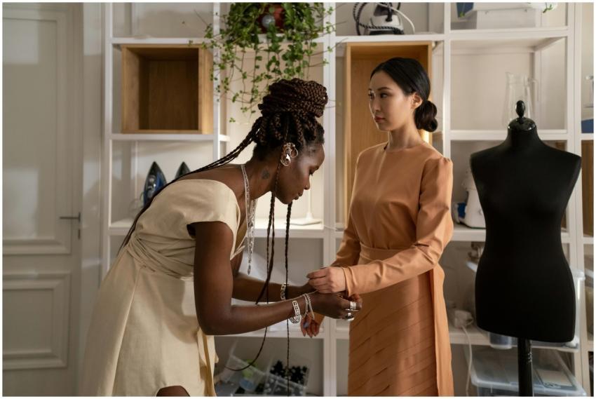 Fashion designer adjusting a model's dress in an a
