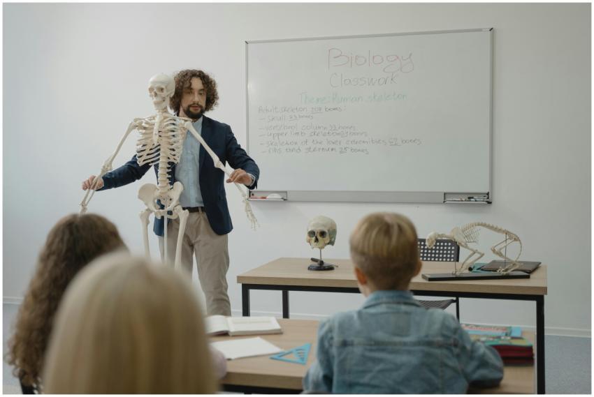 Teacher explaining human skeleton to students in a