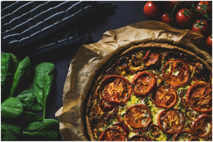 Delicious rustic quiche topped with tomatoes, idea