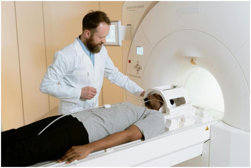 Doctor assists patient undergoing MRI scan in heal