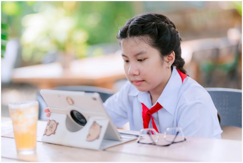 Young girl in school uniform studying on tablet ou