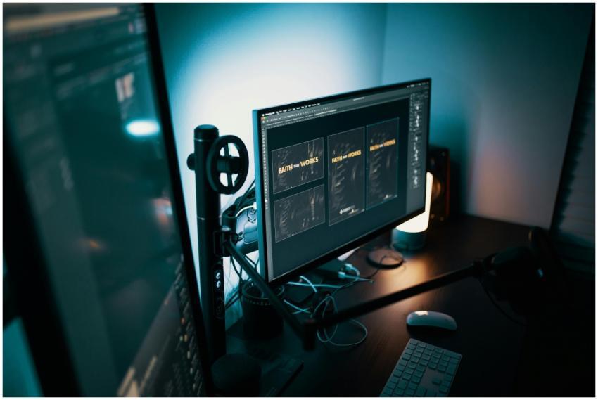 A stylish modern workspace with dual monitors disp