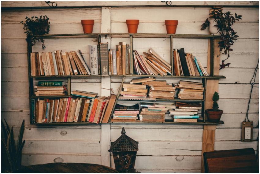 Rustic bookshelf in cozy Dalat, Vietnam interior w