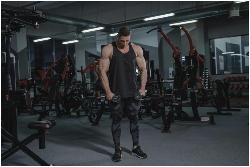 Muscular man lifting dumbbells in a modern gym set