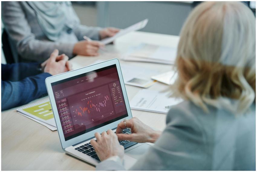 Business professionals analyzing stock market data