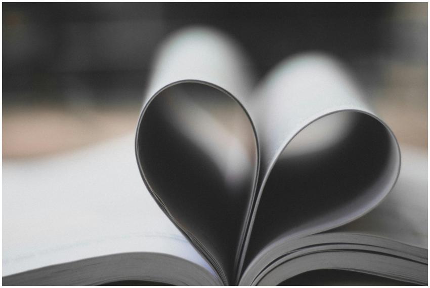 Open book pages forming a heart shape, symbolizing
