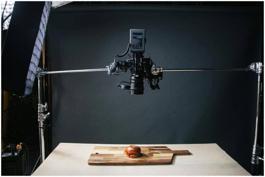 Overhead view of a food photography setup capturin
