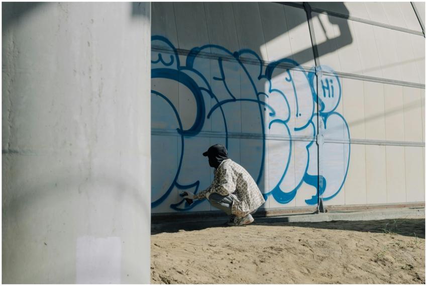 Street artist using spray paint for a graffiti mur