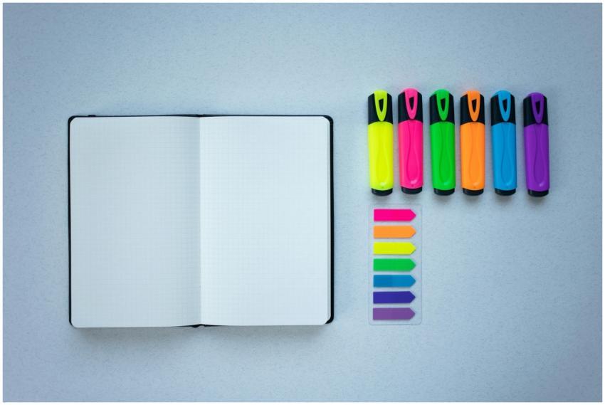 Flat lay of colorful highlighters and an open note