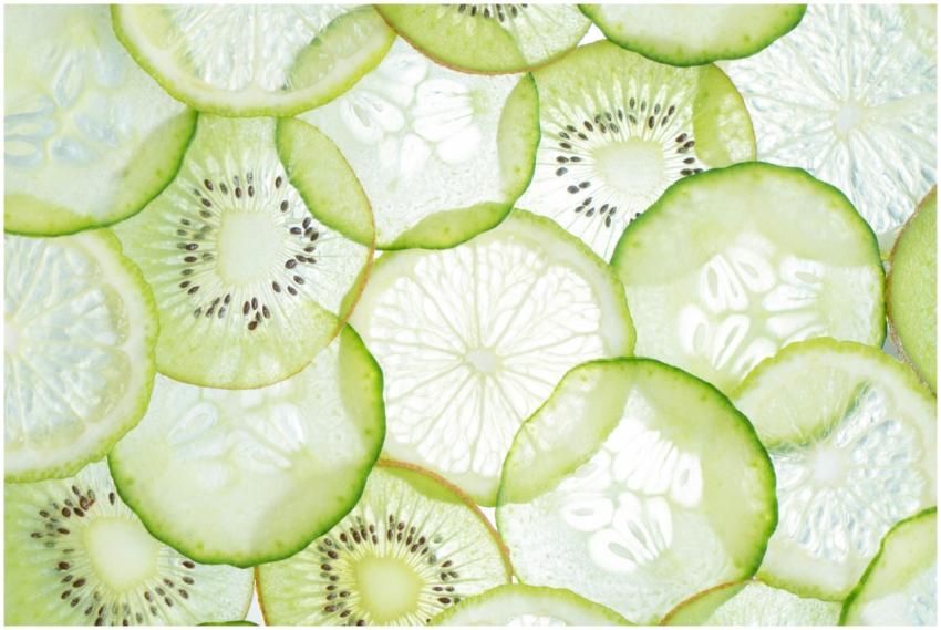 Close-up of fresh citrus and kiwi slices showcasin