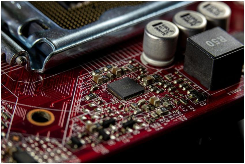 Detailed macro shot of a computer motherboard show