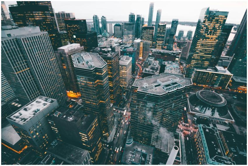 High-angle view of a bustling cityscape with skysc