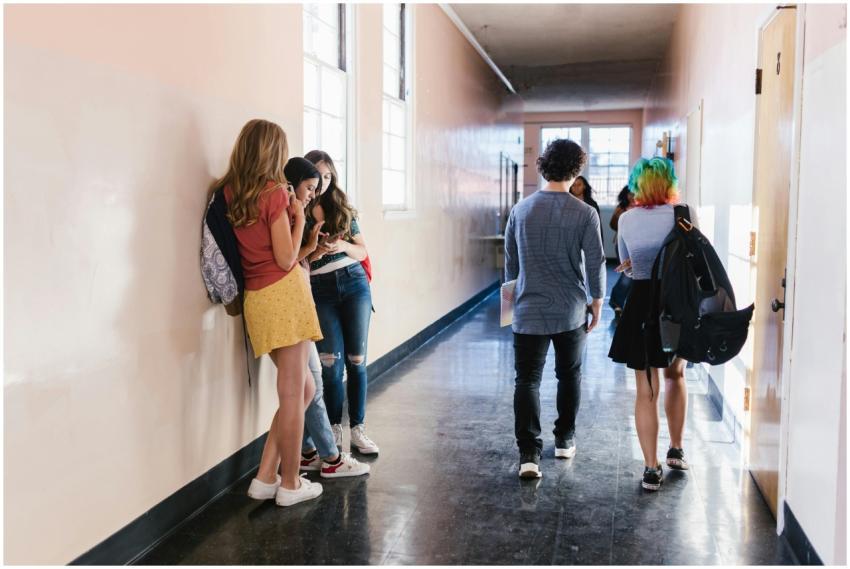 Group of teenagers interacting in a bright school