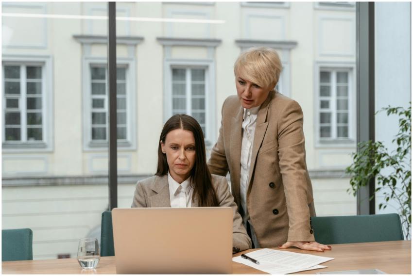 Two businesswomen in an office setting collaborati