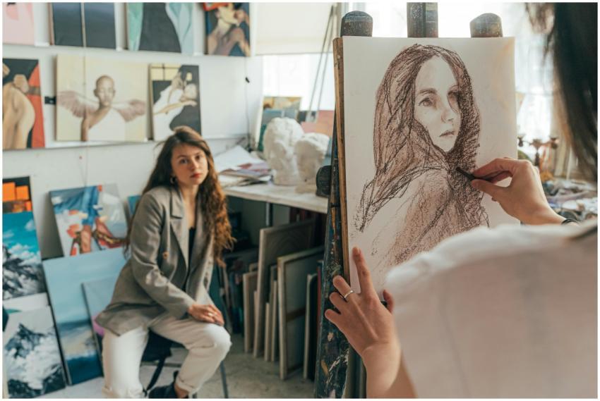 Artist sketching a portrait in a vibrant studio se