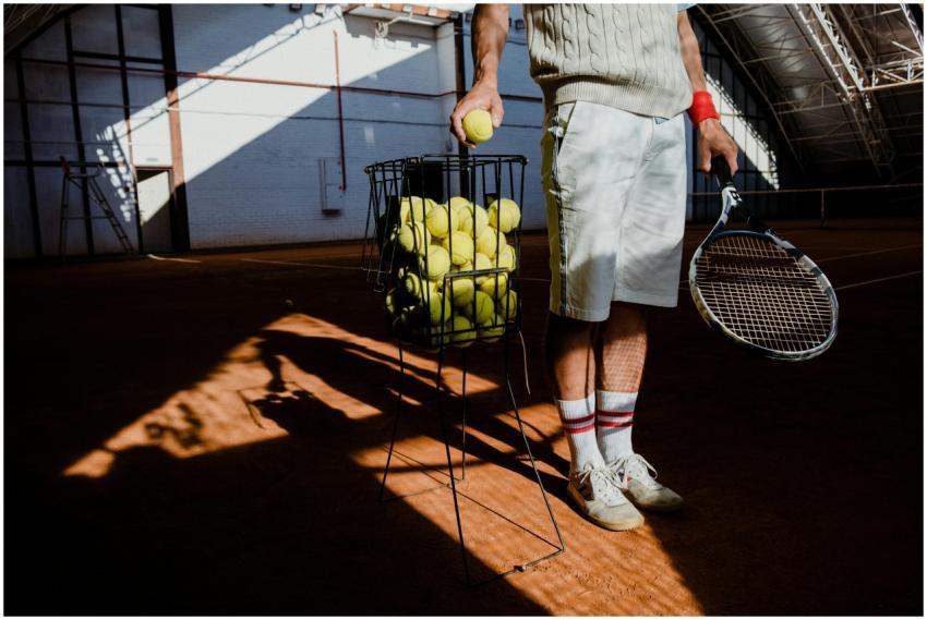 Tennis player on an indoor clay court with a baske