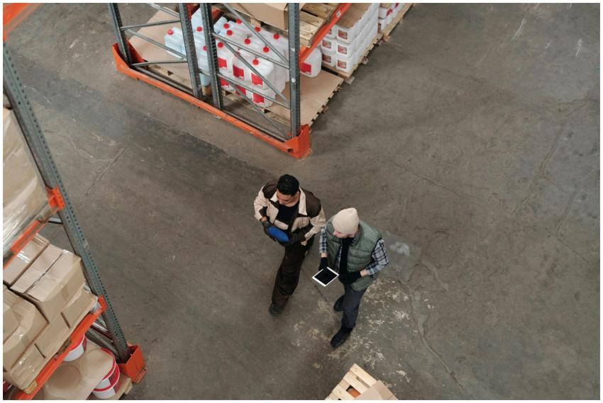 Two workers discussing inventory in a warehouse, u