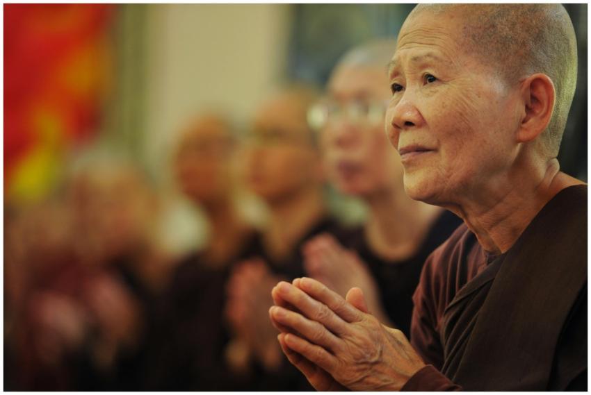 Senior Buddhist woman in prayer, surrounded by fel