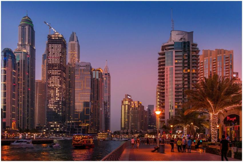 A stunning view of the Dubai Marina skyline illumi