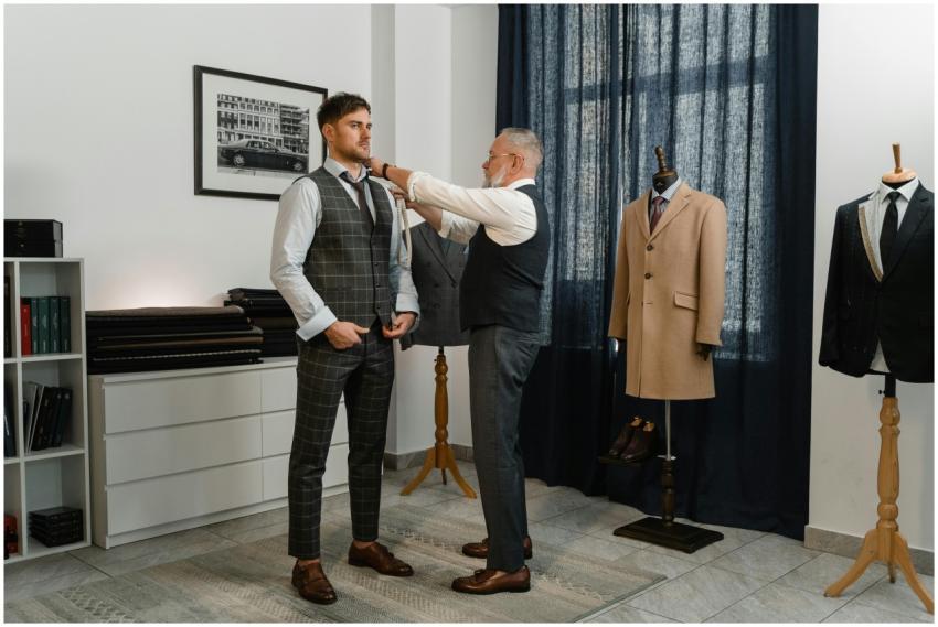Experienced tailor adjusting a young man's stylish