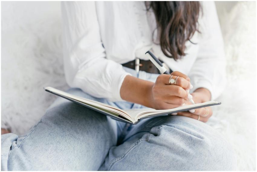 Close-up of a woman writing in a notebook, showcas