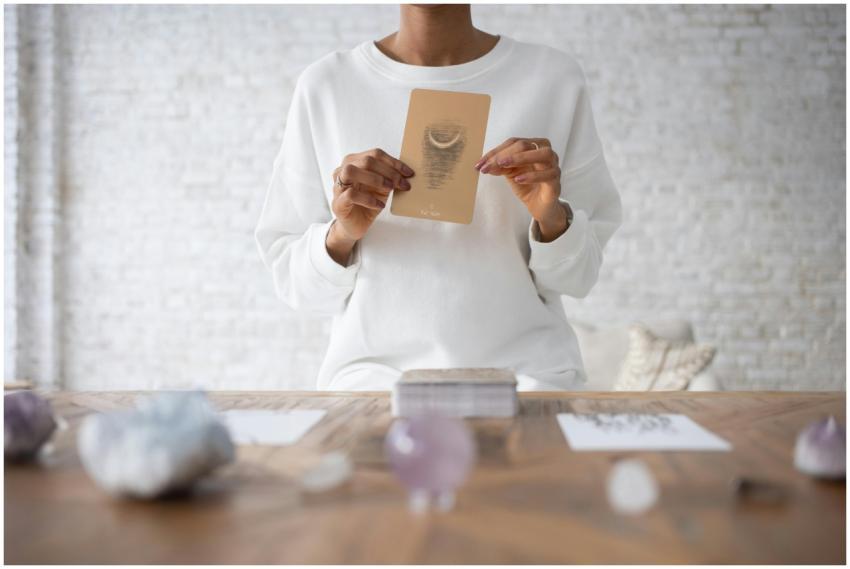 A person wearing white holds a tarot card with gem