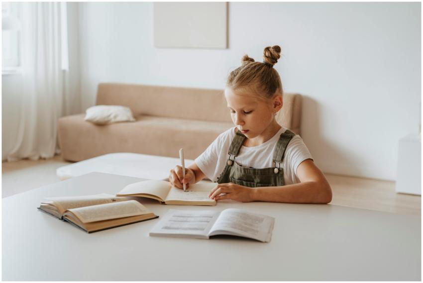 A young girl in a peaceful home setting focused on