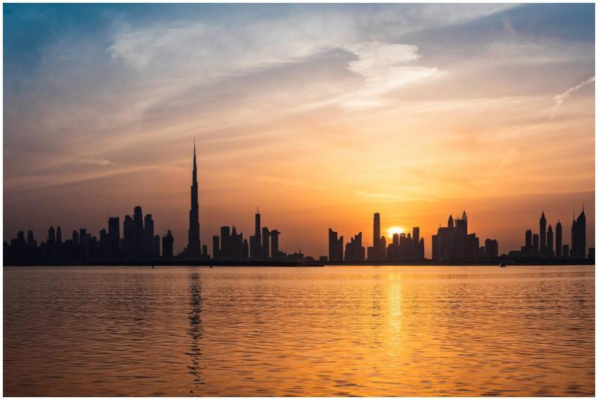 Enchanting view of Dubai's skyscrapers at sunset w