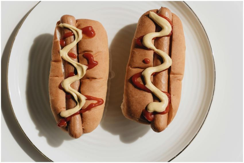 Two hot dogs on a plate topped with ketchup and mu