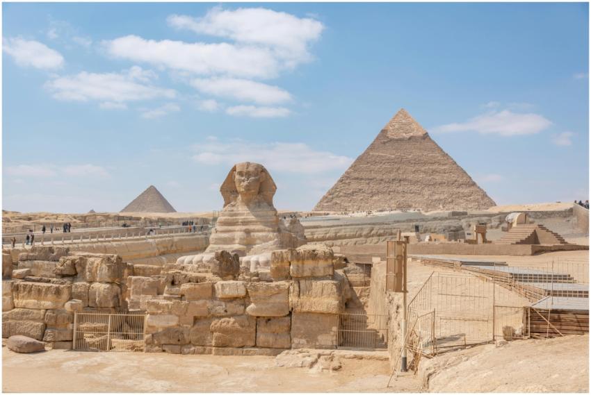 Iconic view of the Great Sphinx and Giza Pyramids