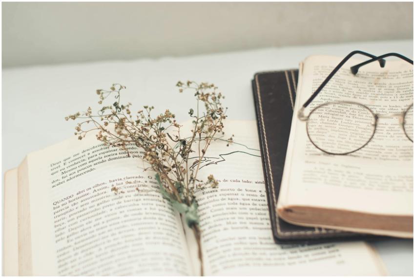 A still life with open books, glasses, and a dry f