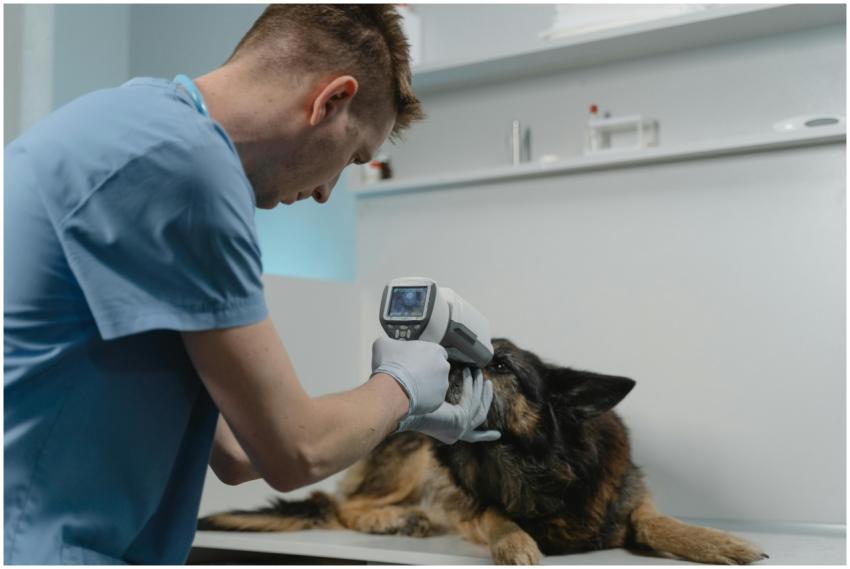 A veterinarian examines a German Shepherd using a