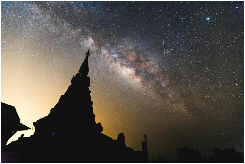 Stunning view of the Milky Way over a temple silho