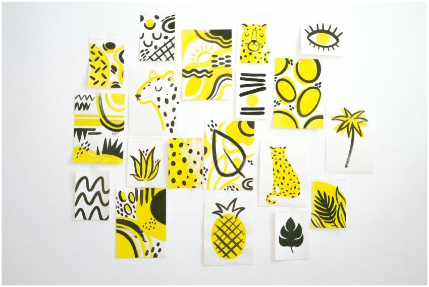 A dynamic collage of abstract yellow and black ill