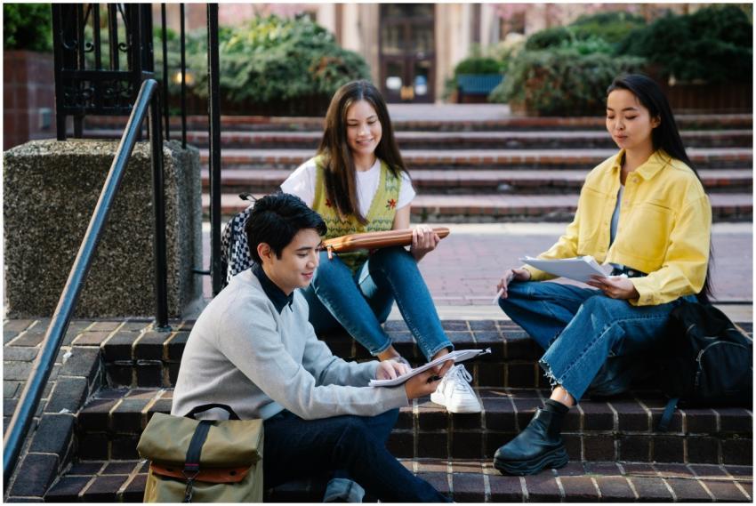 Group of students studying outdoors on college cam