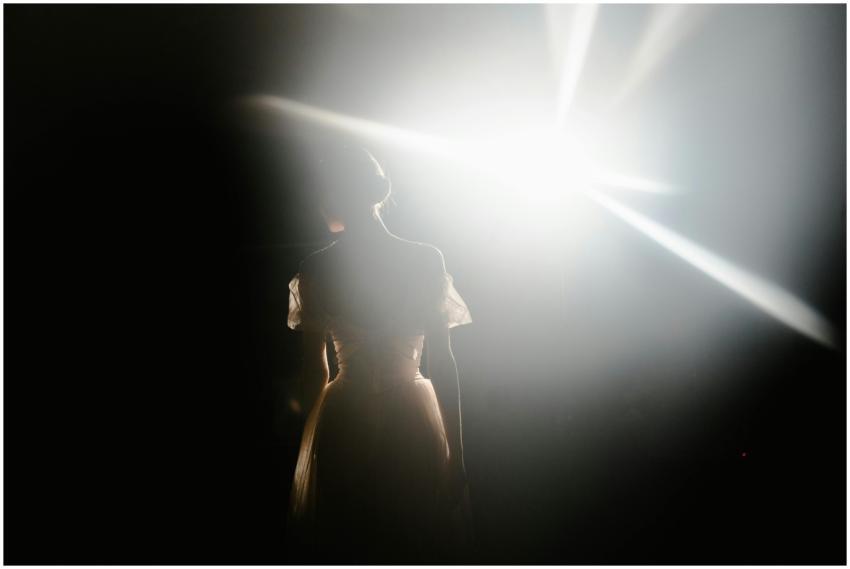 A graceful ballerina stands in silhouette under a