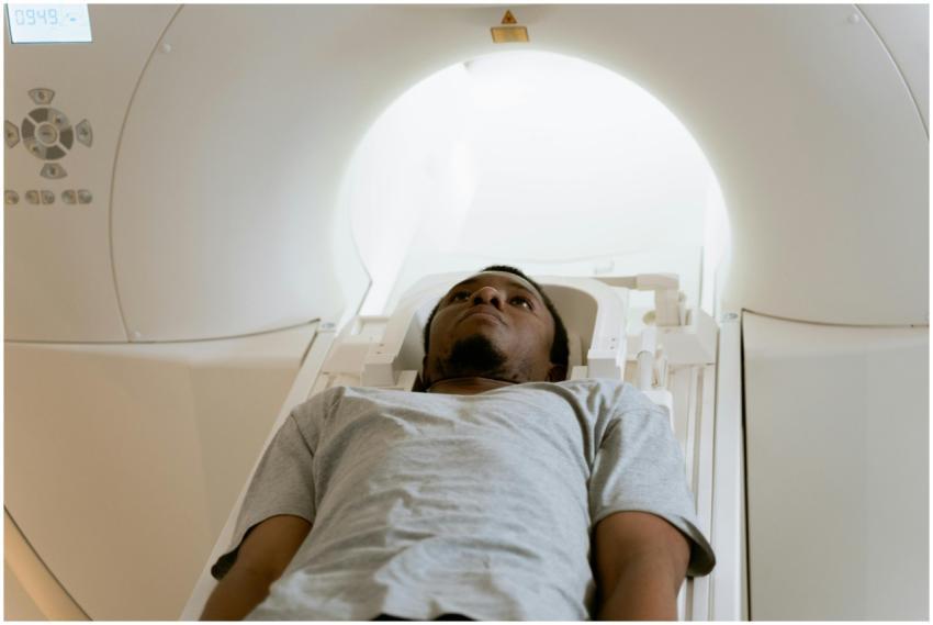 A patient laying inside an MRI machine during a me