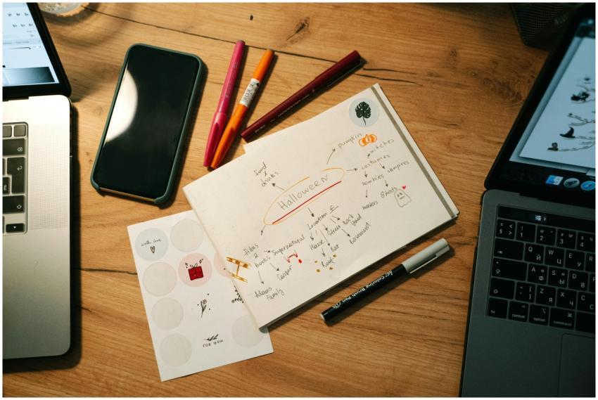 Overhead view of a workspace with notebooks, lapto