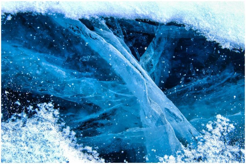 Detailed close-up image of frozen blue ice with sc